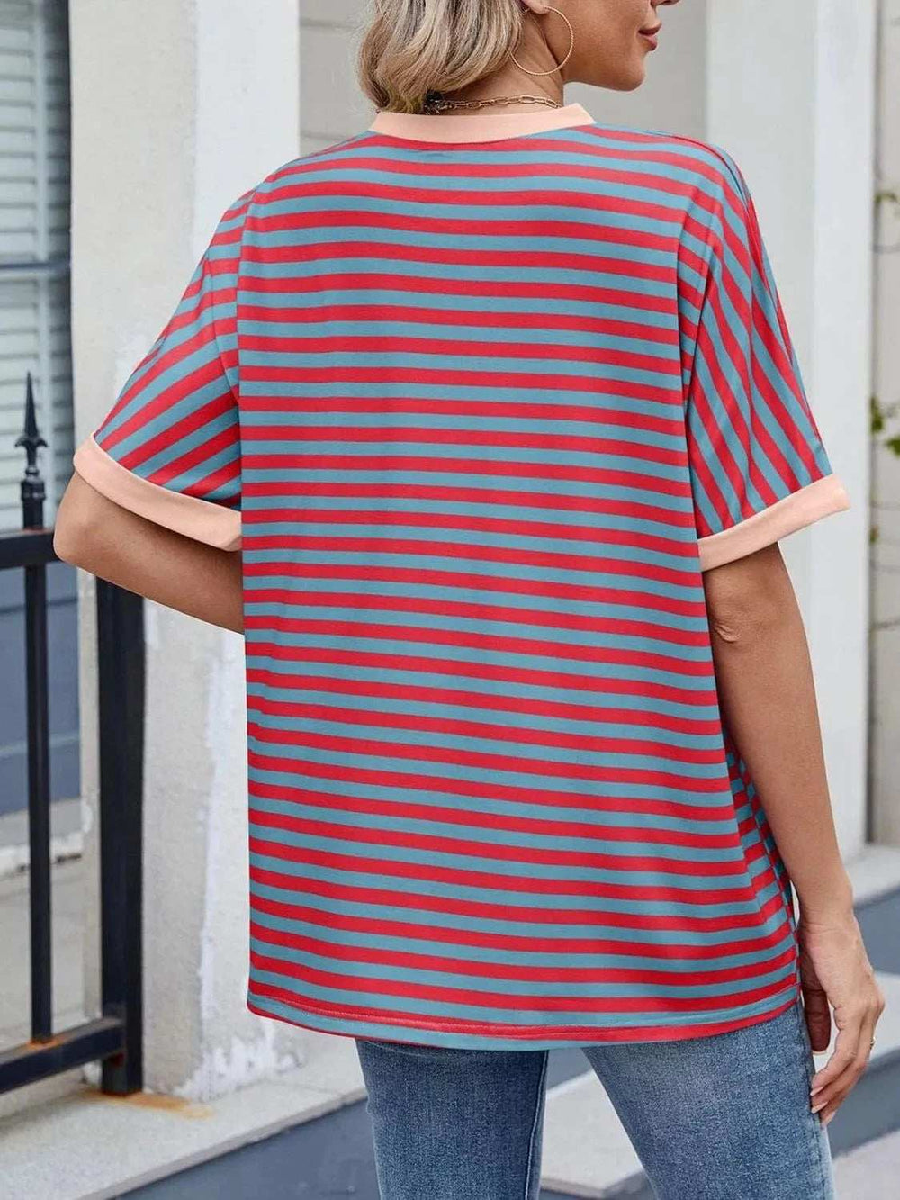 Striped Round Neck Half Sleeve T-Shirt - Trendsi - Flyclothing LLC