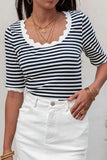 Striped Contrast Scallop Trim Half Sleeve T-shirt - Trendsi