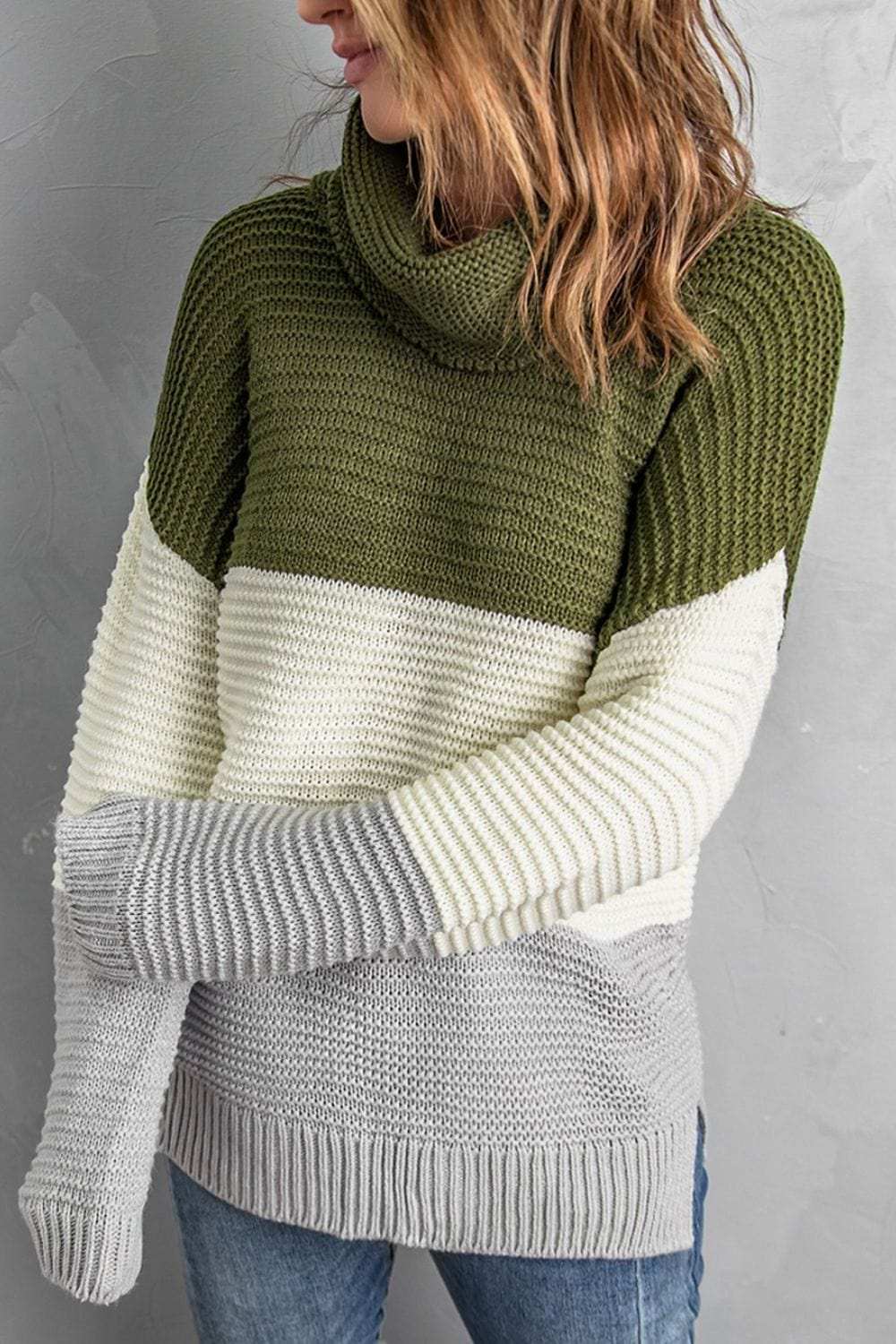 Color Block Turtleneck Long Sleeve Sweater - Trendsi - Flyclothing LLC