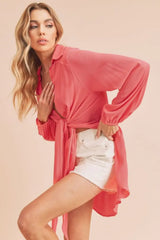 Aemi + Co Tied Collared Neck Long Sleeve Top - Trendsi - Flyclothing LLC
