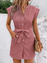 Striped Notched Tie Waist Romper - Trendsi - Flyclothing LLC