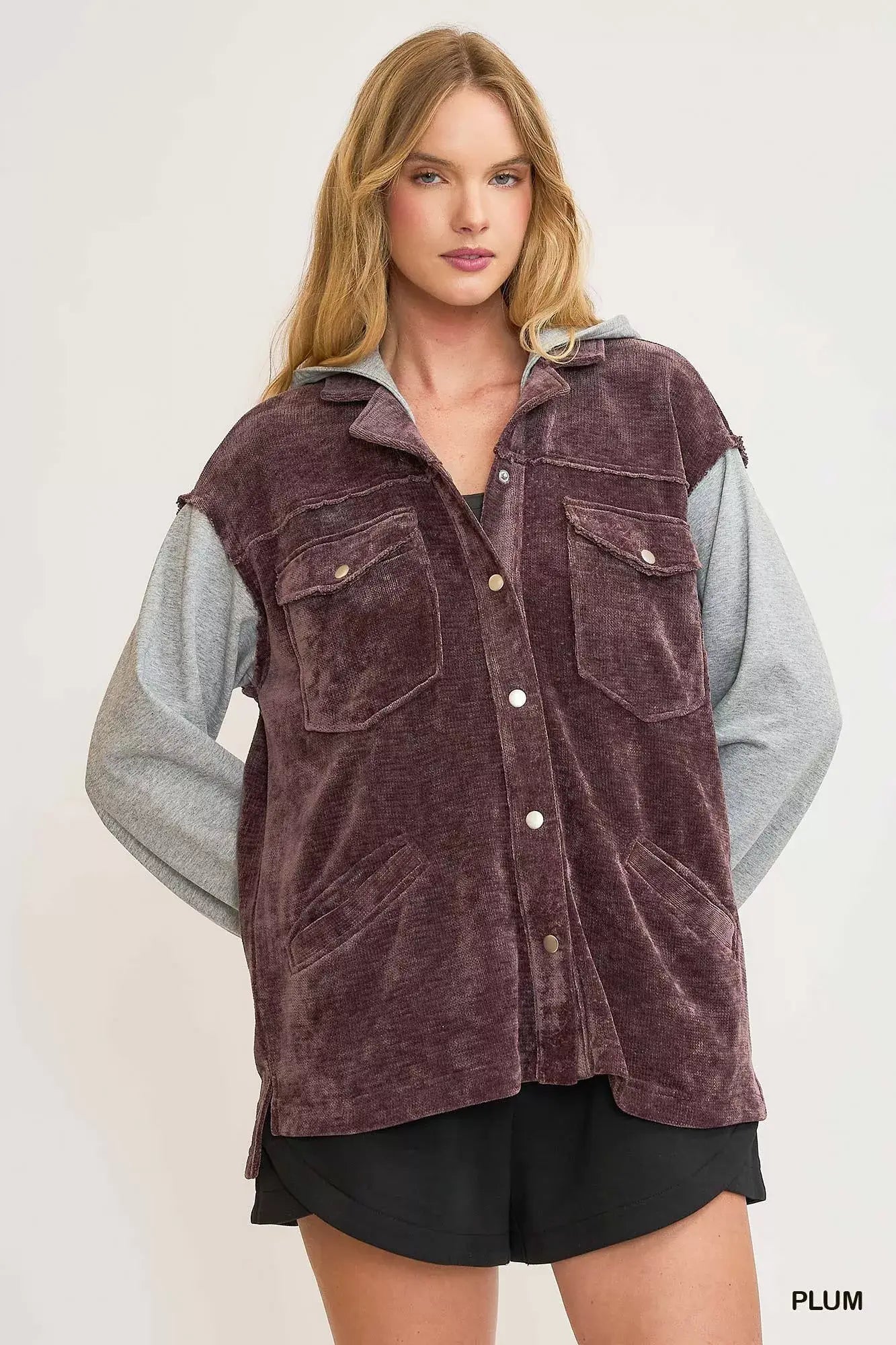 Umgee Contrast Hooded Chenille Jacket - Trendsi - Flyclothing LLC