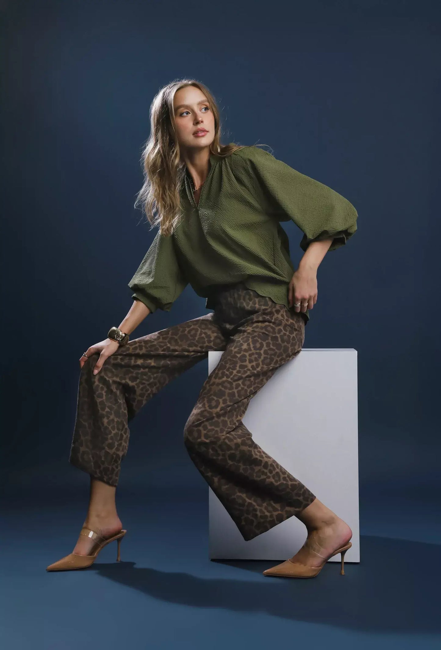 Umgee Full Size Textured Notched Balloon Sleeve Blouse Plus Size - Trendsi - Flyclothing LLC