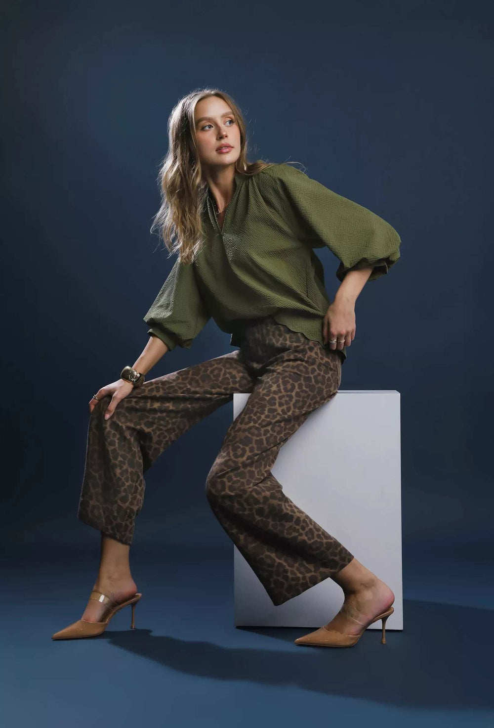 Umgee Full Size Textured Notched Balloon Sleeve Blouse Plus Size - Trendsi - Flyclothing LLC