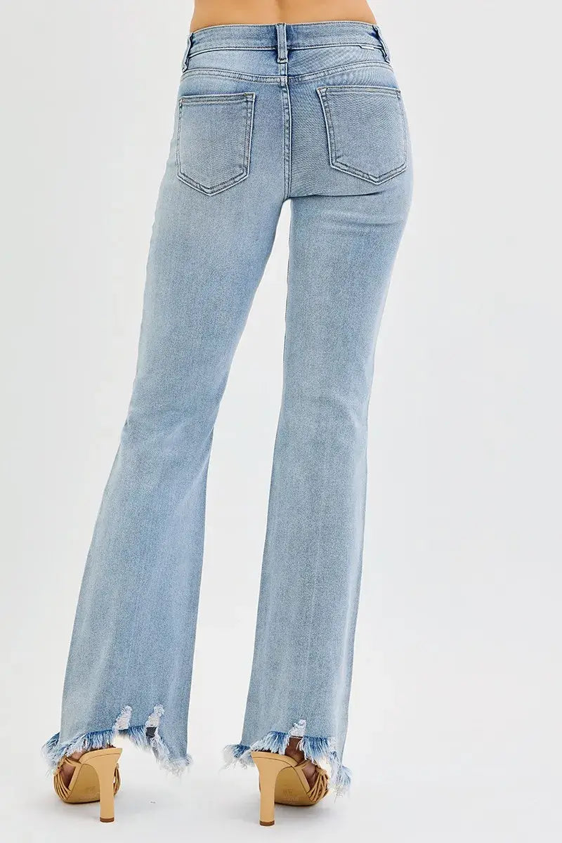 RISEN Full Size Tummy Control Mid Rise Flare Jeans with Fray Hem Detailed Plus Size - Trendsi - Flyclothing LLC