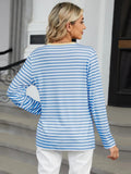 Striped Notched Long Sleeve T-Shirt - Trendsi