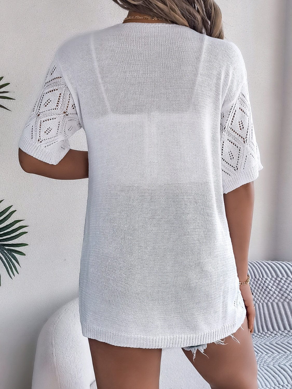 Openwork Open Front Half Sleeve Cardigan - Trendsi