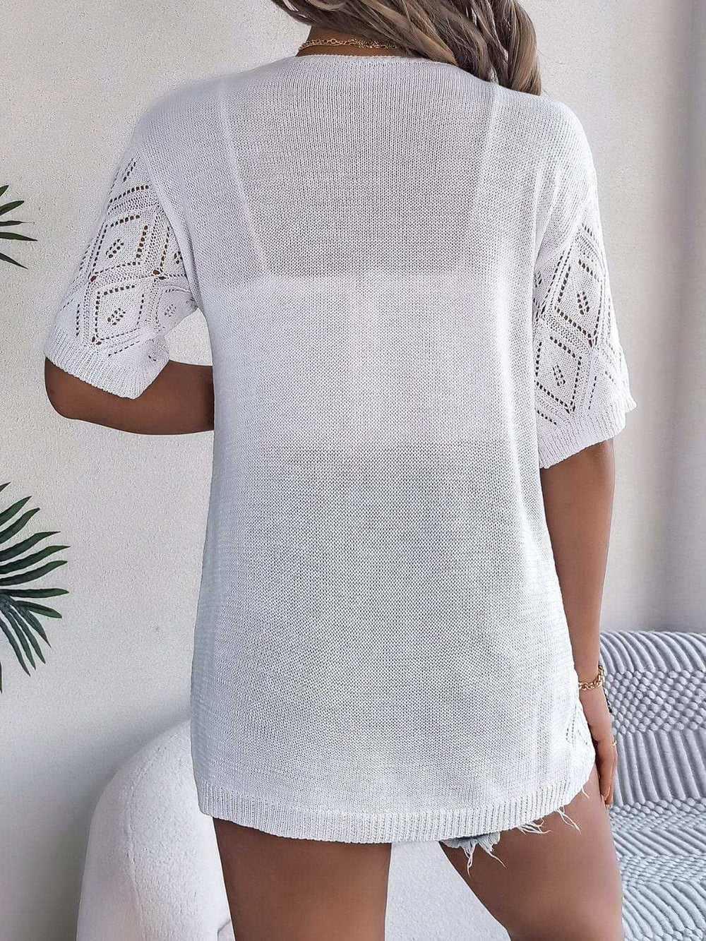 Openwork Open Front Half Sleeve Cardigan - Trendsi - Flyclothing LLC