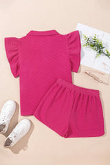 Striped Detail Flutter Sleeve Zipped Collar Top and Short Set - Trendsi - Flyclothing LLC