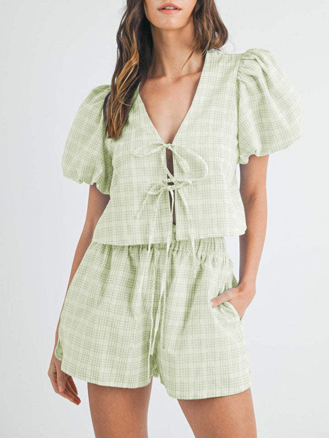 V-Neck Puff Sleeve Top and Shorts Set - Trendsi - Flyclothing LLC