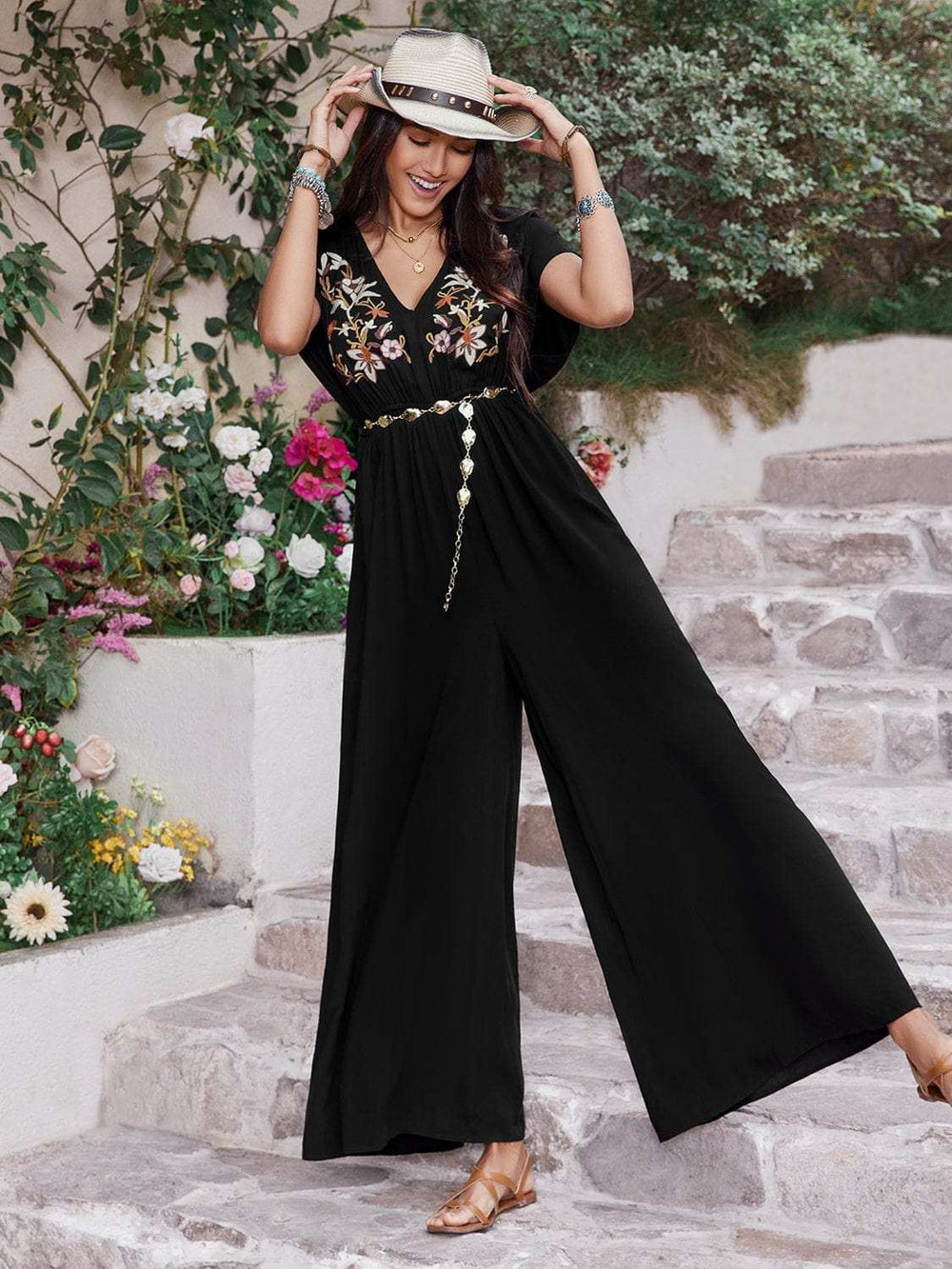 Embroidered Ruched Short Sleeve Jumpsuit - Trendsi - Flyclothing LLC