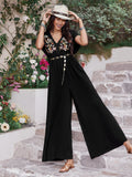 Embroidered Ruched Short Sleeve Jumpsuit - Trendsi