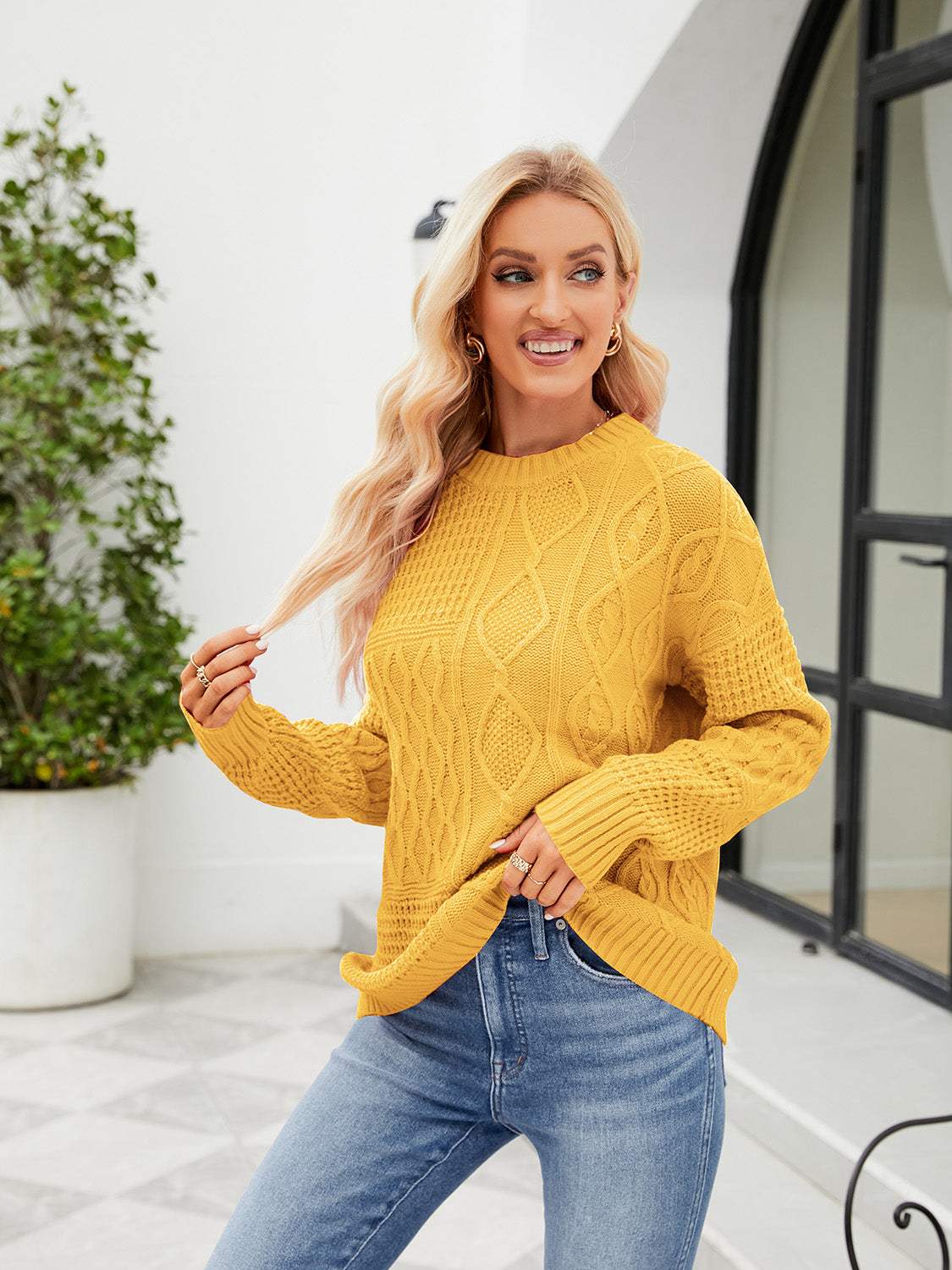 Round Neck Dropped Shoulder Sweater - Trendsi - Flyclothing LLC