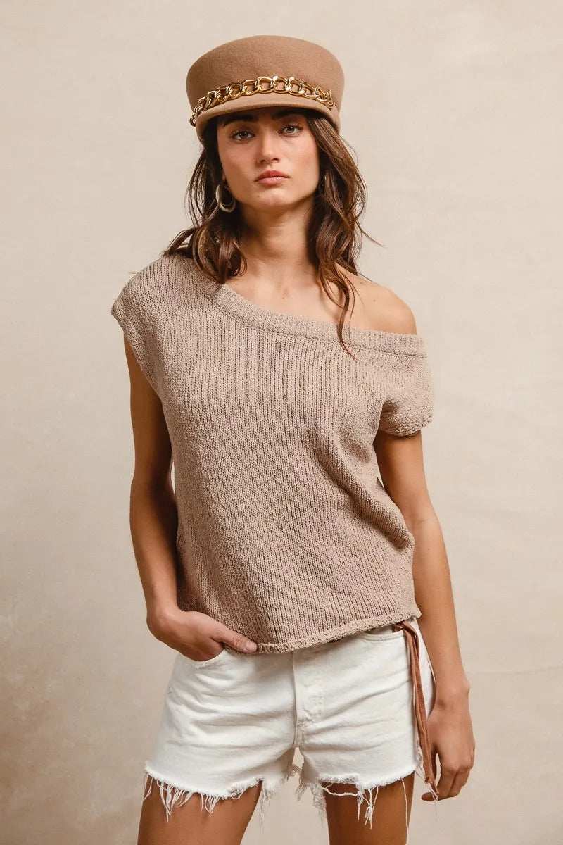 BiBi One Side Off Shoulder Knit Top - Trendsi - Flyclothing LLC