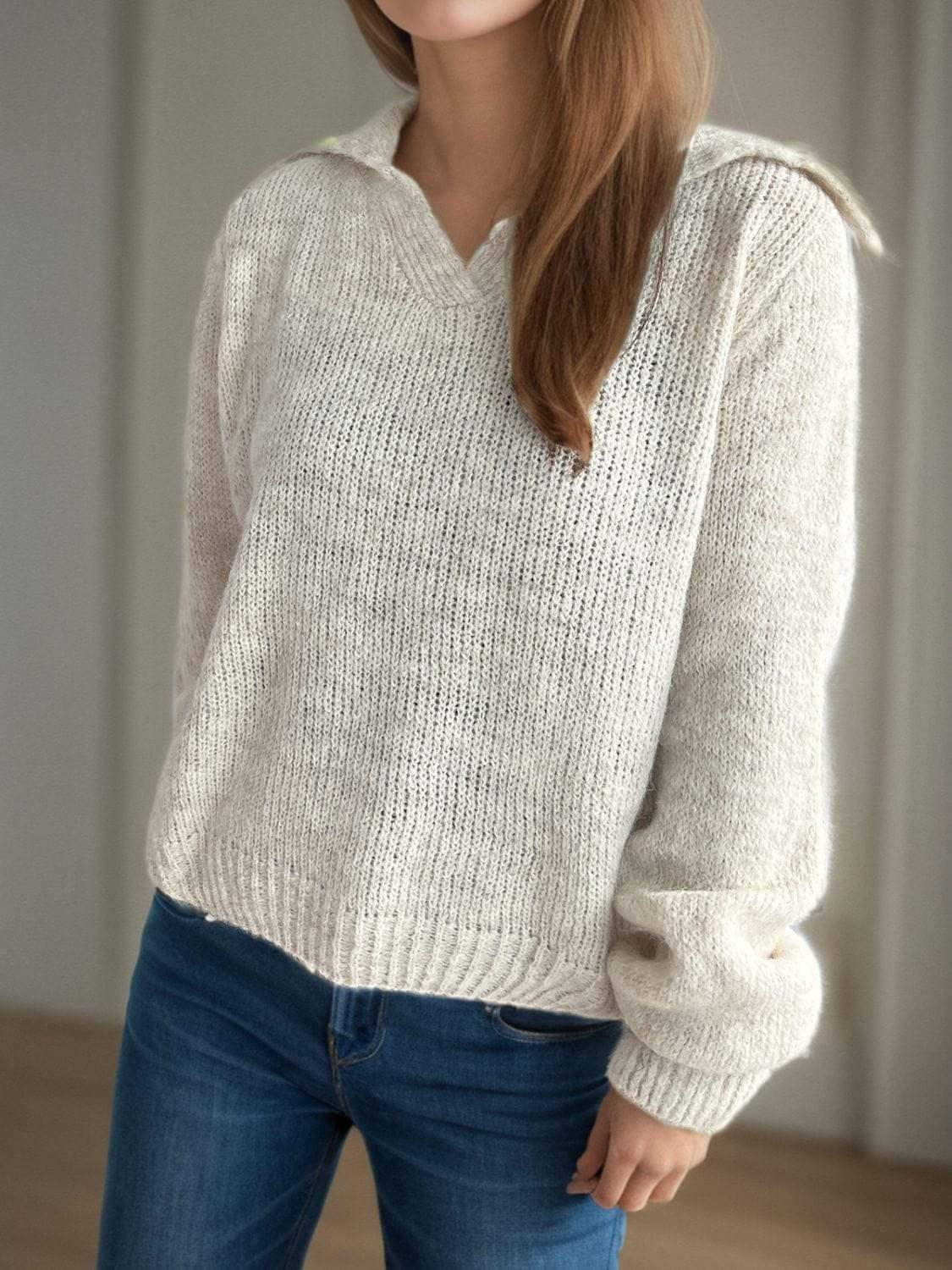 Collared Neck Long Sleeve Sweater - Trendsi - Flyclothing LLC