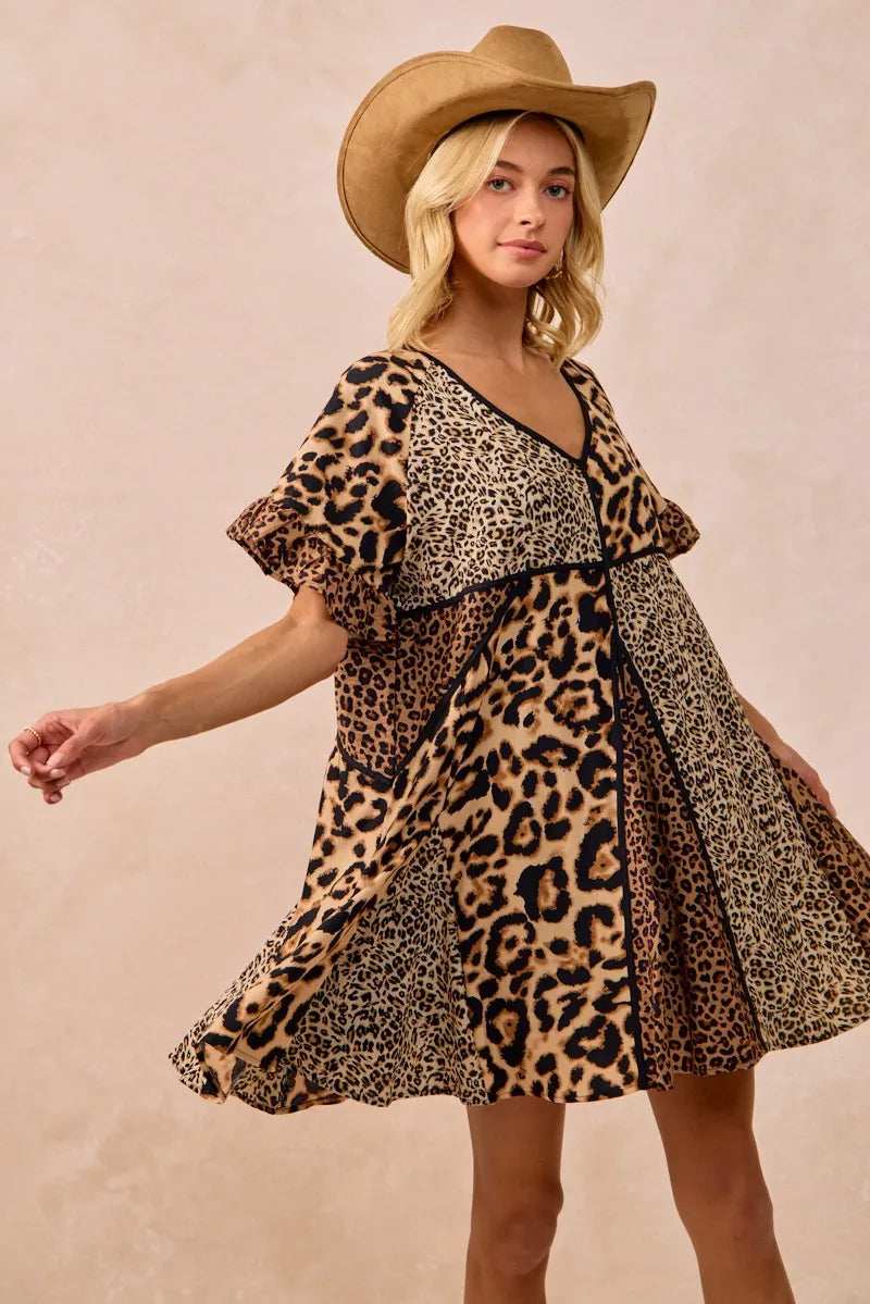 BiBi Leopard Prints Mix and Match Short Sleeves Dress - Trendsi - Flyclothing LLC