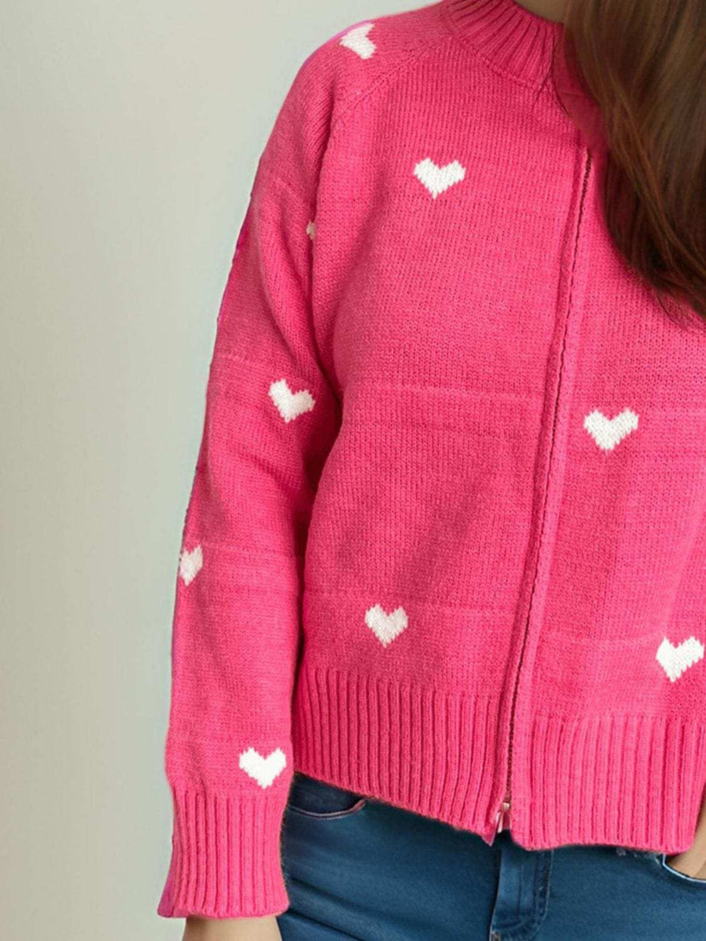 Heart Round Neck Zip Up Cardigan - Trendsi - Flyclothing LLC
