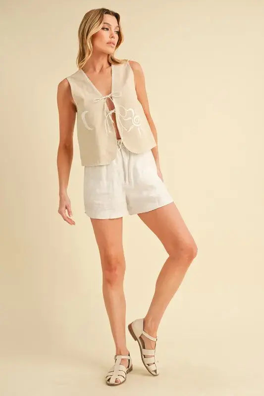 Aemi+Co Embroidered Tied Front Vest Coat - Trendsi - Flyclothing LLC