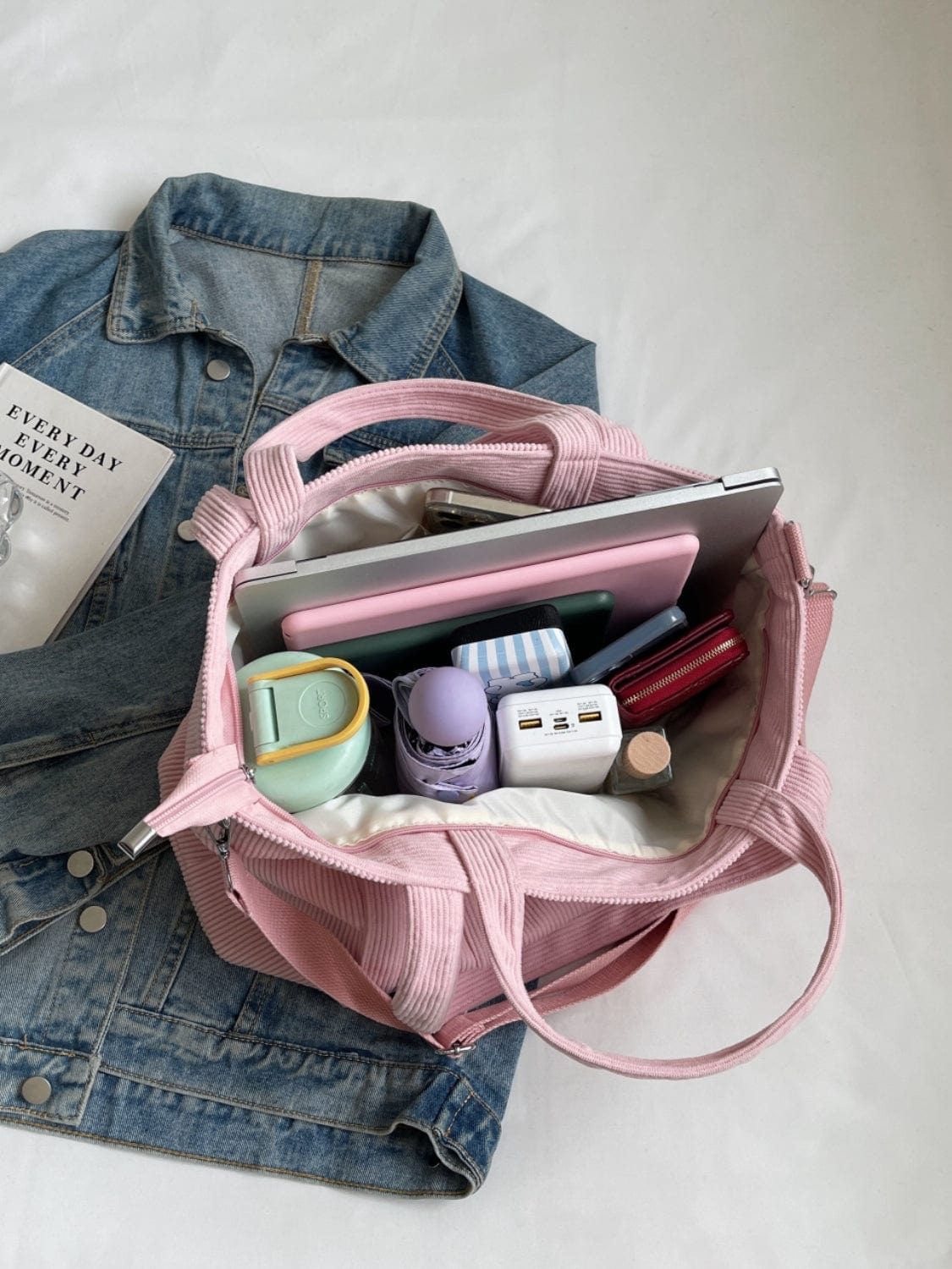 Corduroy Solid Large Tote Bag - Trendsi