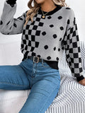 Plaid Round Neck Long Sleeve Sweater - Trendsi
