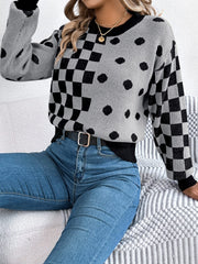 Plaid Round Neck Long Sleeve Sweater - Trendsi