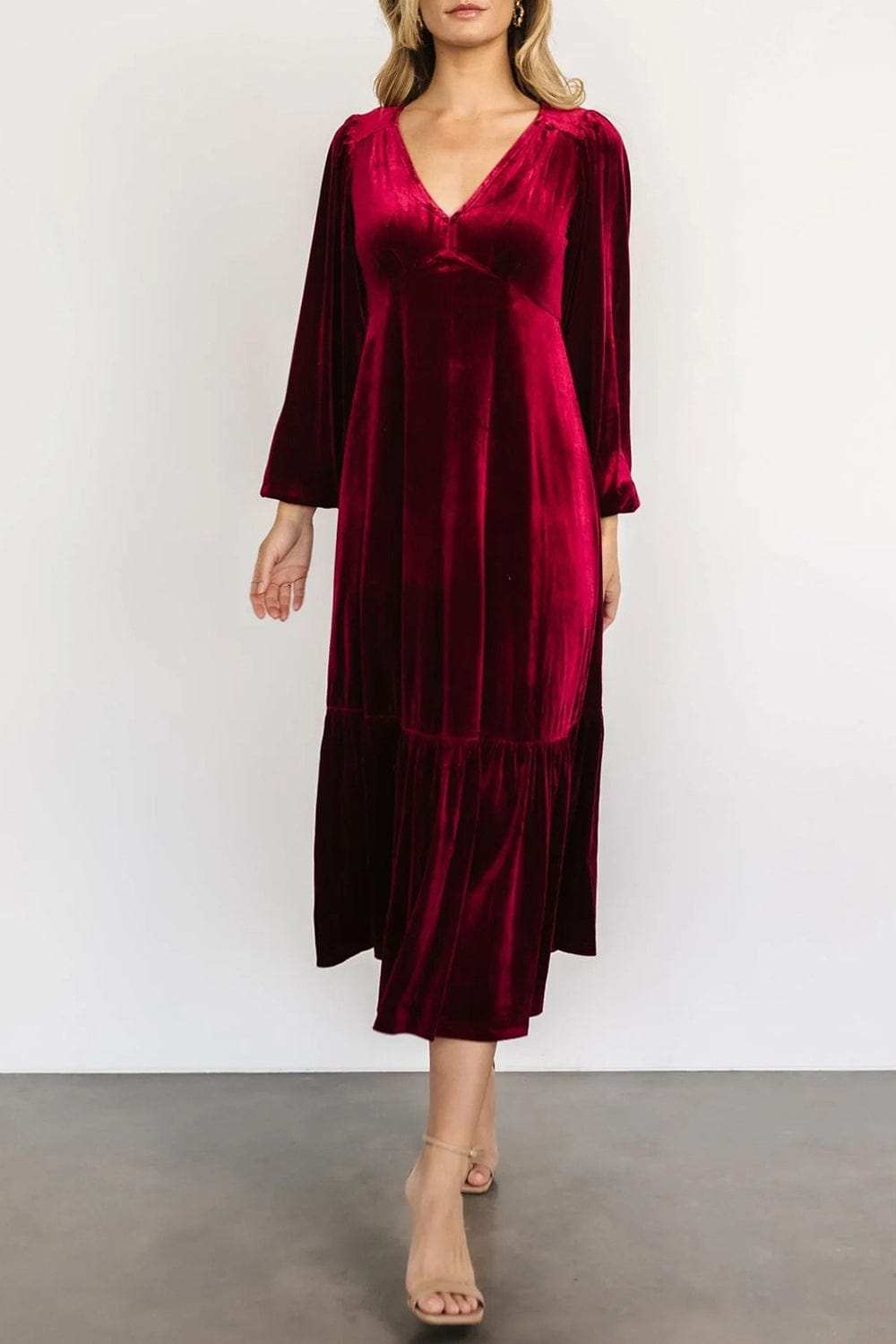 V-Neck Long Sleeve Midi Velvet Dress - Trendsi - Flyclothing LLC