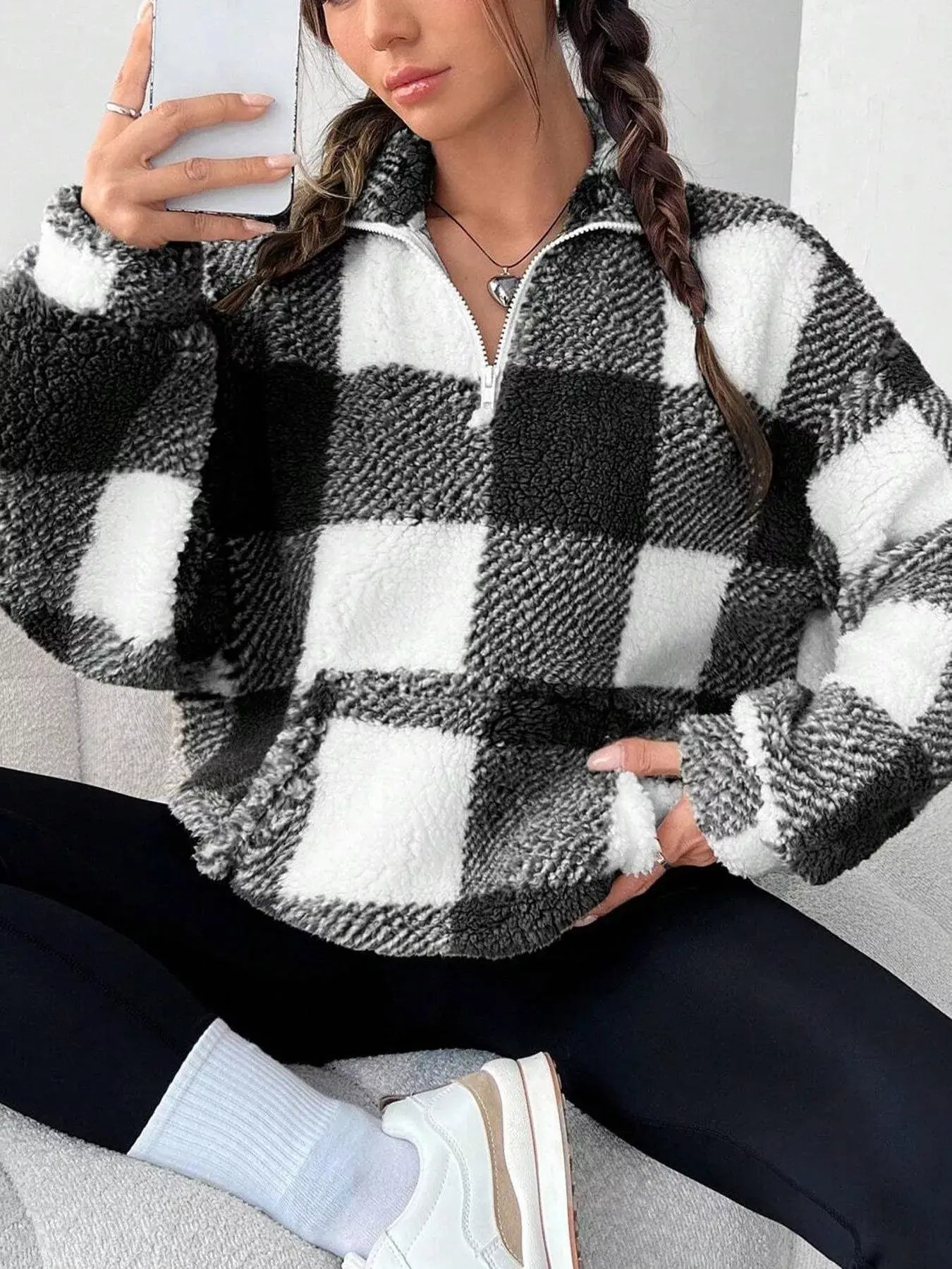 Full Size Plaid Sherpa Long Sleeve Sweatshirt Plus Size - Trendsi - Flyclothing LLC
