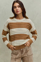 SO ME Openwork Round Neck Wide Stripe Textured Sweater - Trendsi - Flyclothing LLC