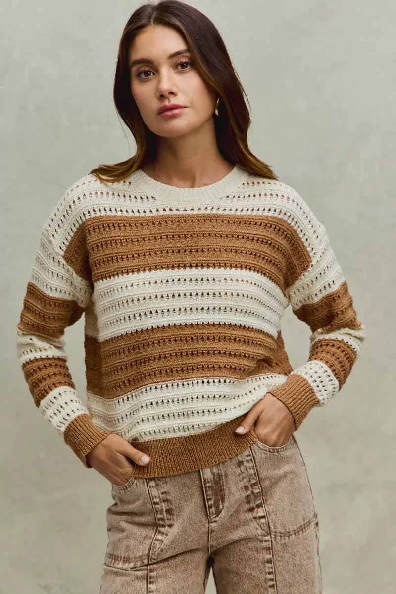 SO ME Openwork Round Neck Wide Stripe Textured Sweater - Trendsi - Flyclothing LLC