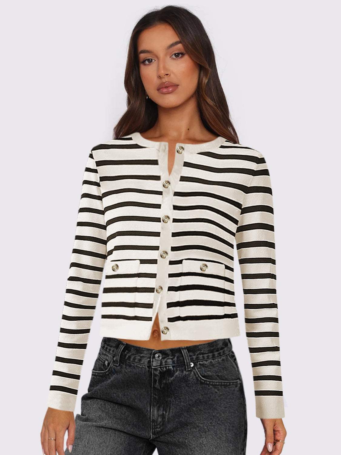 Striped Round Neck Button Up Long Sleeve Cardigan - Trendsi - Flyclothing LLC