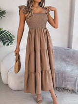 Smocked Square Neck Cap Sleeve Midi Dress - Trendsi - Flyclothing LLC