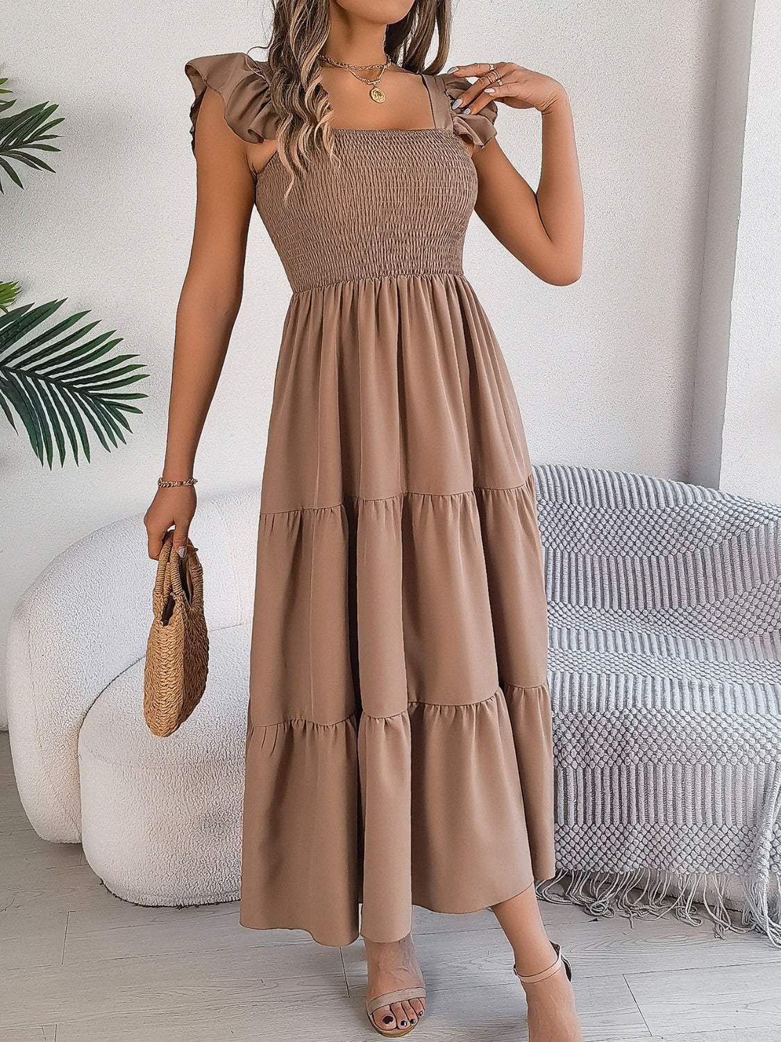 Smocked Square Neck Cap Sleeve Midi Dress - Trendsi - Flyclothing LLC