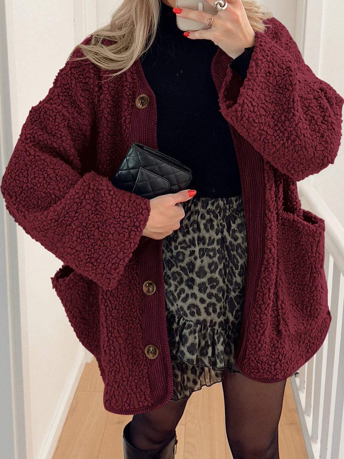 Contrast Button Up Sherpa Jacket with Pockets - Trendsi - Flyclothing LLC