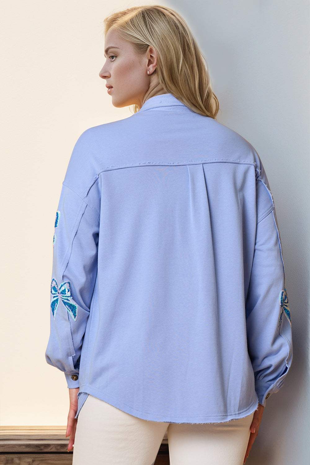Double Take Full Size Sequin Bow Button Up Shacket - Trendsi - Flyclothing LLC