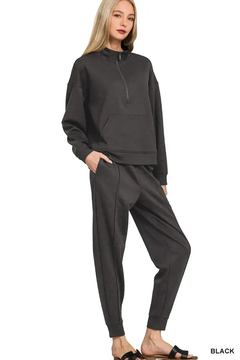 Zenana Scuba Half Zip Sweatshirt and Joggers Set - Trendsi - Flyclothing LLC