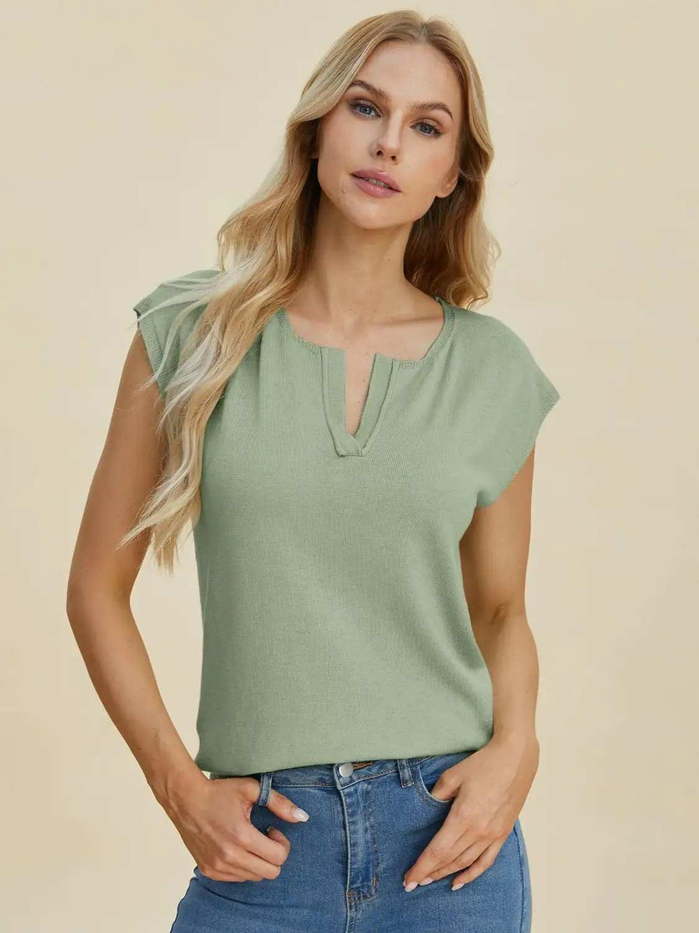 Double Take Full Size Notched Cap Sleeve Knit Top - Trendsi - Flyclothing LLC
