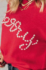 Letter Pearl Detail Round Neck Long Sleeve Sweater - Trendsi - Flyclothing LLC