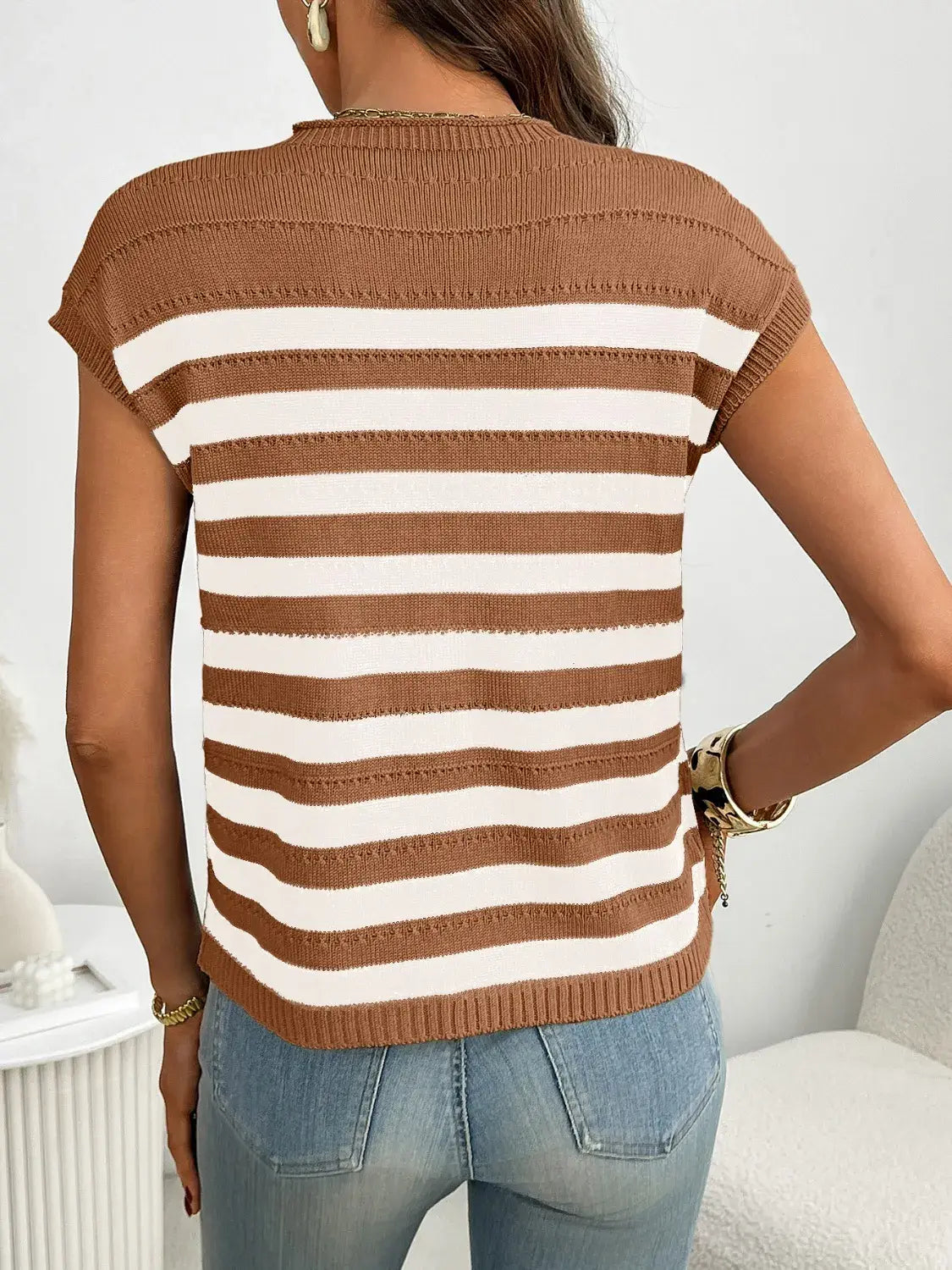 Striped Mock Neck Cap Sleeve Knit Top - Trendsi - Flyclothing LLC