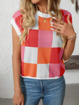 Mandy Checkered Round Neck Cap Sleeve Knit Top - Trendsi - Flyclothing LLC