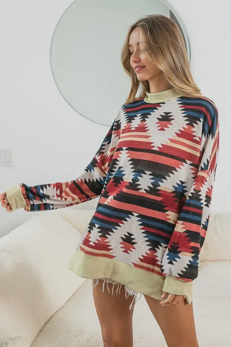 BiBi Aztec Print Mirr Mock Neck Lslv Top - Trendsi - Flyclothing LLC