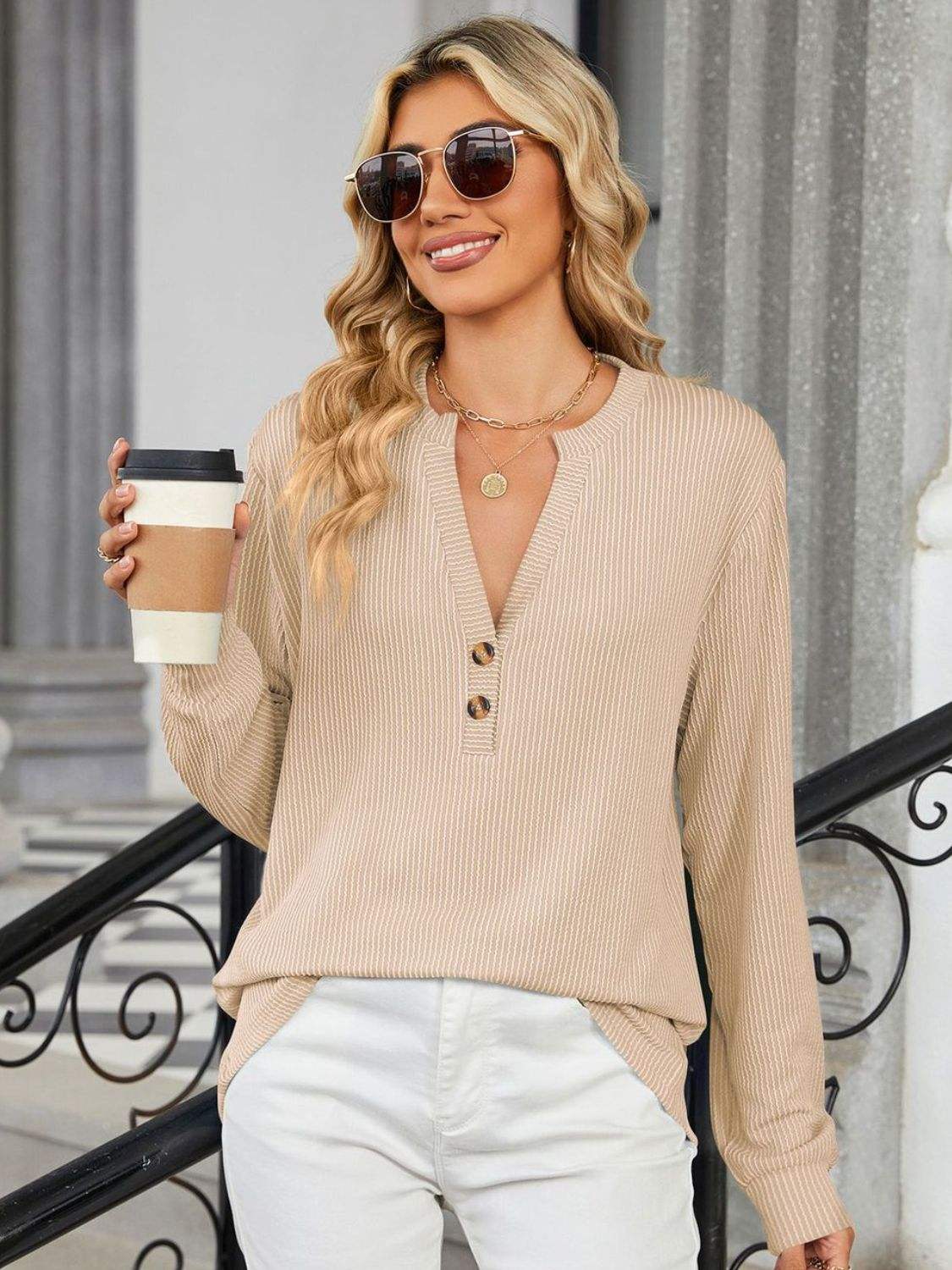 Striped Notched Long Sleeve T-Shirt - Trendsi - Flyclothing LLC