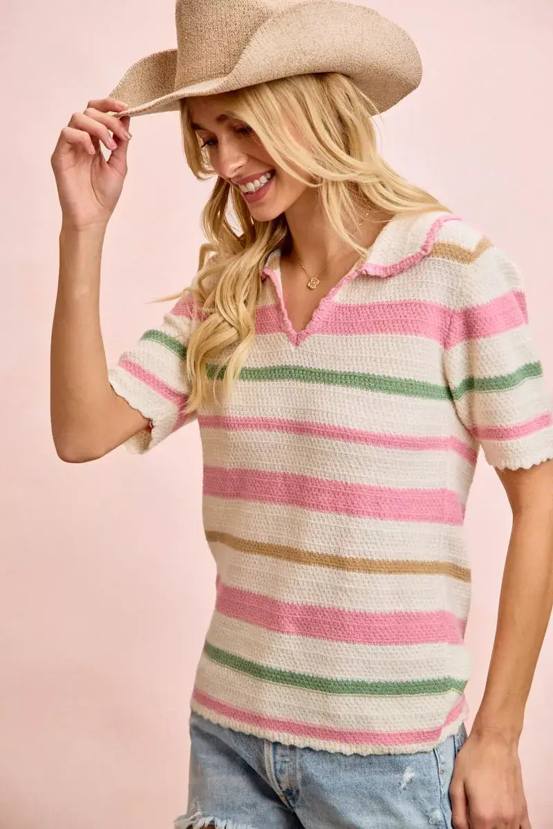 BiBi Multi Colors Stripes Collared Knit Top - Trendsi - Flyclothing LLC