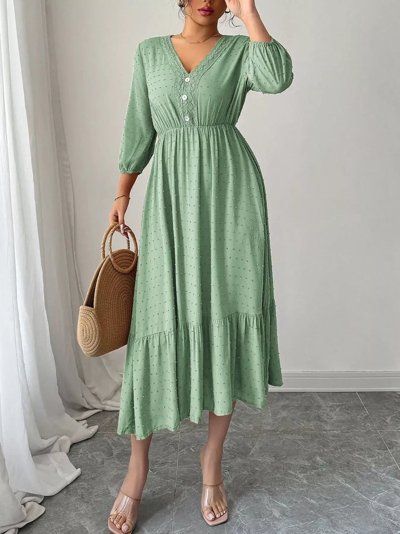 Swiss Dot Ruffle Hem Midi Dress - Trendsi - Flyclothing LLC