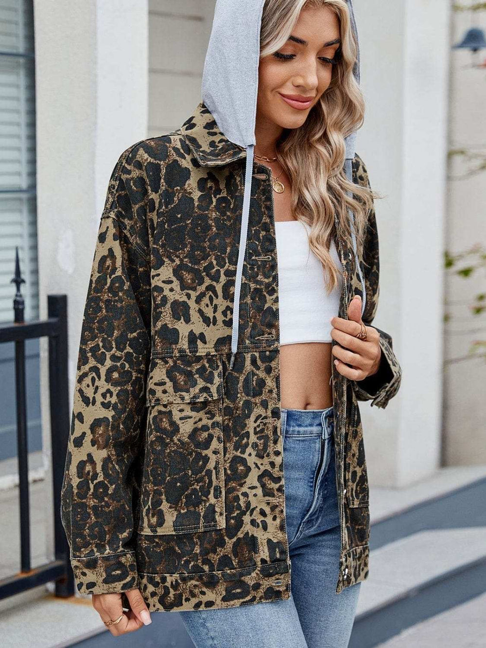 Leopard Button Up Drop Shoulder Denim Jacket - Trendsi - Flyclothing LLC