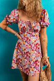 Floral Puff Sleeve Square Neck Knot Open Back Mini Dress - Trendsi