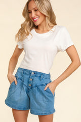 Haptics High Rise Button Fly Washed Denim Shorts - Trendsi