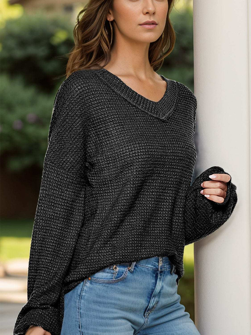 Dropped Shoulder Long Sleeve Knit Top - Trendsi - Flyclothing LLC