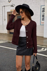 Round Neck Button Up Cardigan with Pockets - Trendsi - Flyclothing LLC