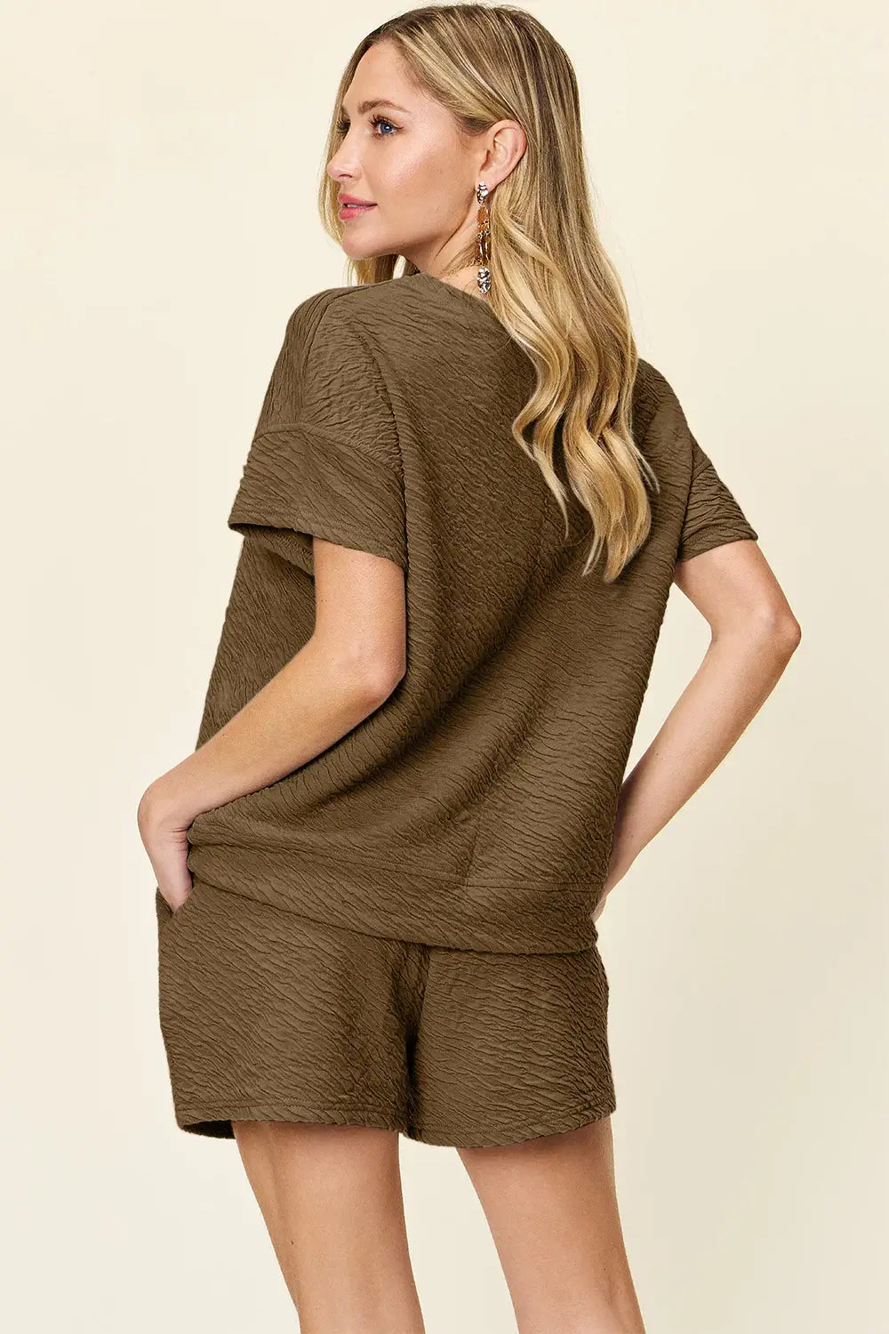 Double Take Full Size Texture Short Sleeve T-Shirt and Drawstring Shorts Set - Trendsi - Flyclothing LLC