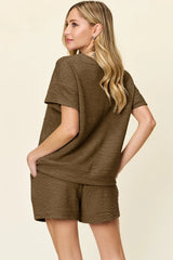 Double Take Full Size Texture Short Sleeve T-Shirt and Drawstring Shorts Set - Trendsi - Flyclothing LLC